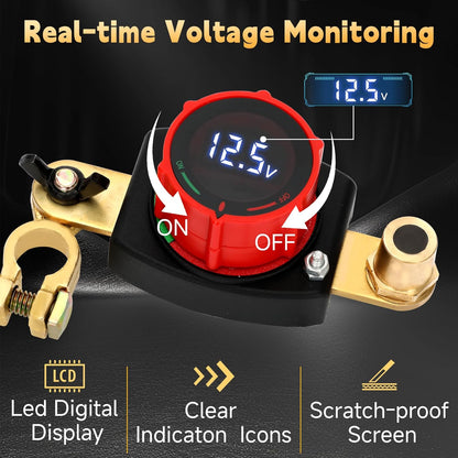 Top Post Battery Disconnect Switch with Voltmeter, DC 5-60V Battery Kill Switch Master Isolator On Off Kill Switch Power Cut/Shut Off Switch for Boat Car RV Truck Camper Trailer