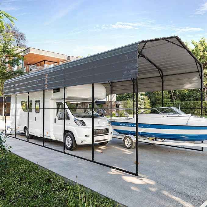 EROMMY 14'x30' RV Carport, Heavy Duty Car-Port with Reinforced Metal Frame, Weather-Resistant Galvanized Steel Roof Shelters, Outdoor Car-Shed for RV, 2 Vehicles, Truck, Boat and SUV, Gray