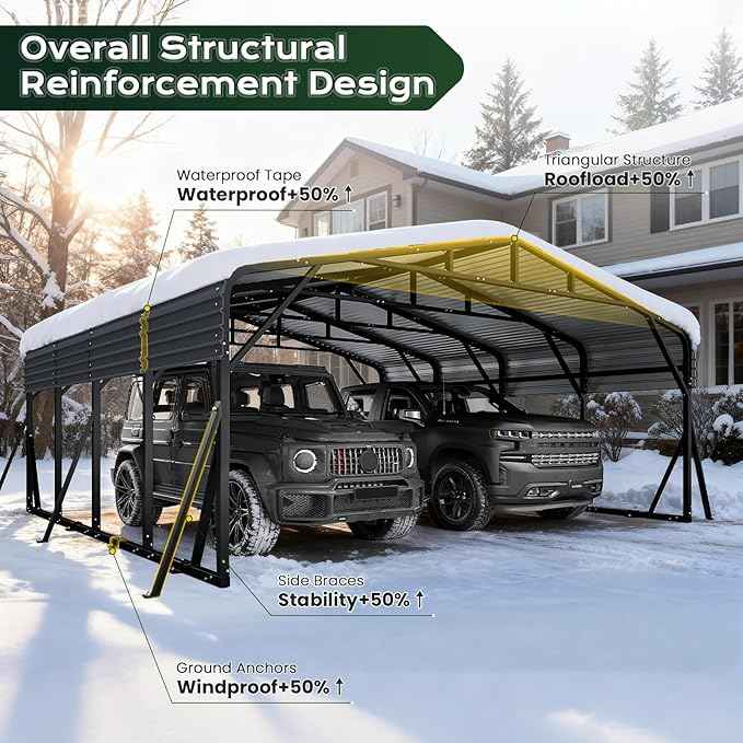 20x20FT Heavy Duty Metal Carport, Outdoor Portable Car Garage w/Reinforced Support Rods & Windproof Ground Anchors, All-Season Versatile Outdoor Shelter for 2 Car, Boats, Truck