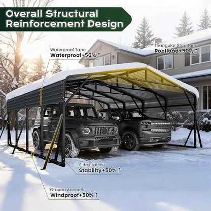 20x20FT Heavy Duty Metal Carport, Outdoor Portable Car Garage w/Reinforced Support Rods & Windproof Ground Anchors, All-Season Versatile Outdoor Shelter for 2 Car, Boats, Truck