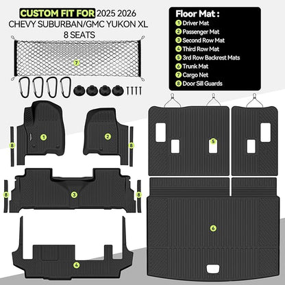 Tongama-Floor Mats for 2025 2026 Chevy Suburban/GMC Yukon XL 8 Seats with Bench Seat, All Weather TPE Trunk Mat & 3rd Row Backrest Mats & Cargo Net & Door Sill Guards for Suburban Accessories