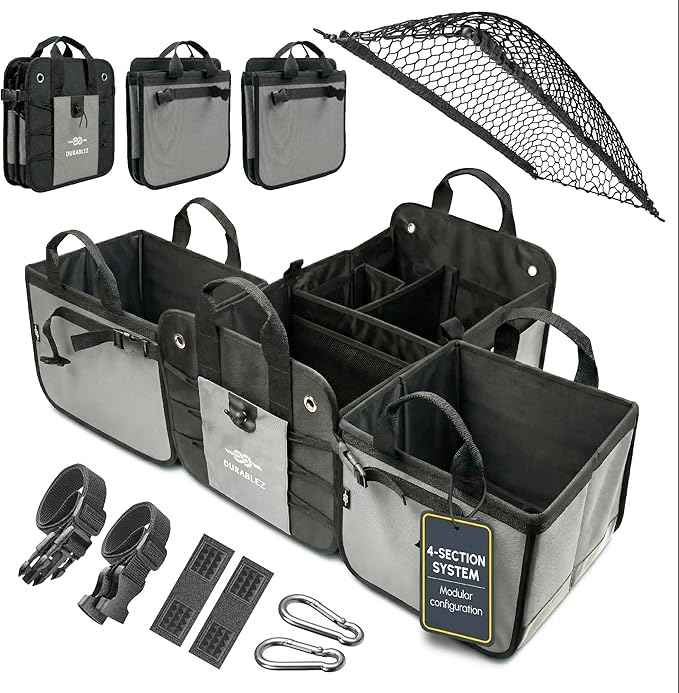 Modular 4-Section XL Trunk Organizer – Car Storage for Groceries, Tools, Sports Gear, Emergency Kits – Extra Large Multi-Compartment Cargo Box, Collapsible & Heavy Duty – Gray