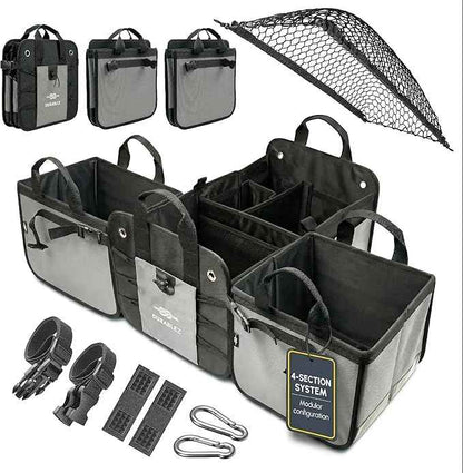 Modular 4-Section XL Trunk Organizer – Car Storage for Groceries, Tools, Sports Gear, Emergency Kits – Extra Large Multi-Compartment Cargo Box, Collapsible & Heavy Duty – Gray