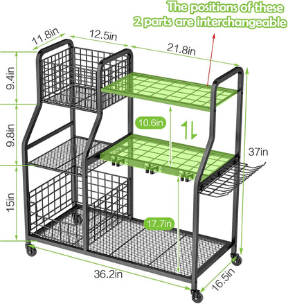 Garden Tool Organizer for Garage, 3 Tier Utility Yard Tool Organizer and Storage Holder with Wheels, Large Garden Tool Rack with Extra Storage Basket for Shed/Garage/Yard/Basement/Lawn