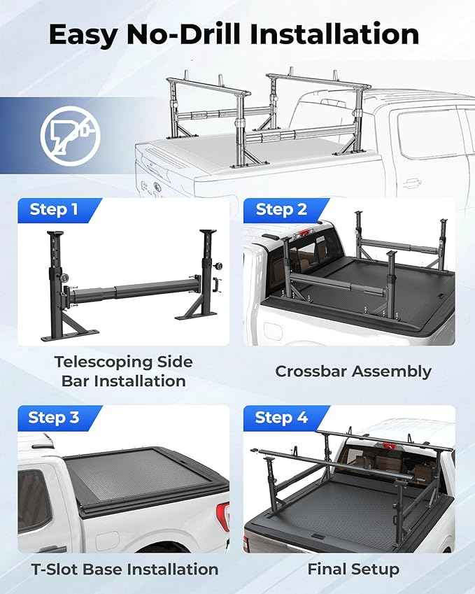 Extendable Aluminum Truck Ladder Rack Fit for Ford F150, RAM, Chevy Silverado, Works with T-Slot Tonneau Covers, 800 lbs Capacity Pickup Bed Rack for Kayak, Surfboard, Ladder Transport