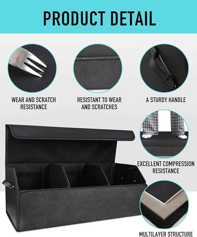 Car Organizers for Trunk for Suv Sedan, Leather Storage Box,Extra Large,Magnetic Lid,Collapsible and Adjustable, S004, Black