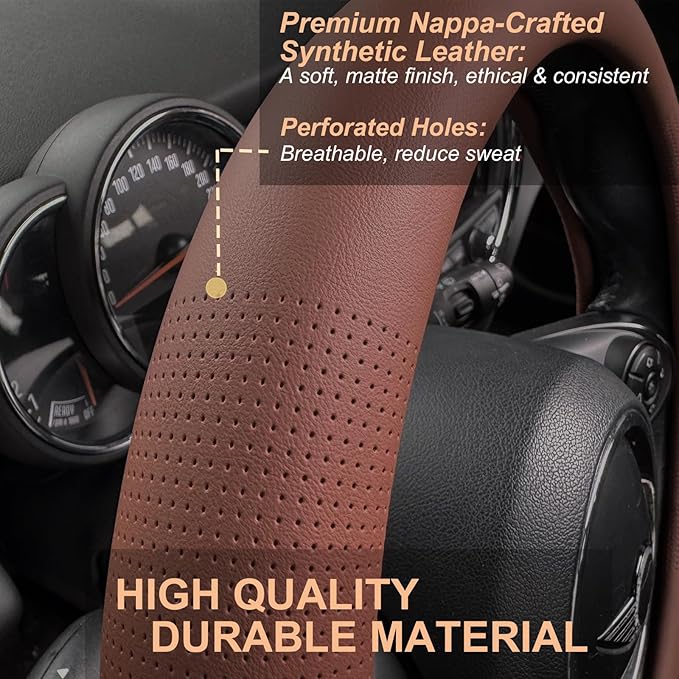 PINCTROT Nappa Leather Steering Wheel Cover, Slim Fit No Bulk Design, One Piece Leather with Breathable Perforation, Fit Like Gloves, Universal 14.5-15 Inch(Nappa Brown)