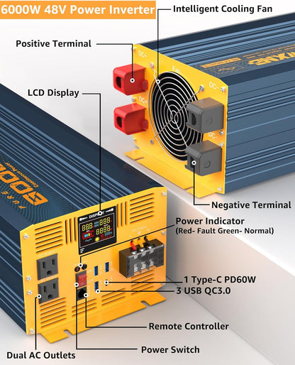 6000 Watt Power Inverter Pure Sine Wave 48V DC to 110V 120V Heavy Duty Inverter with Remote Control and LED Display, 4 USB/Type-C Ports & 2 AC Outlets Car Charger for Vehicles RV