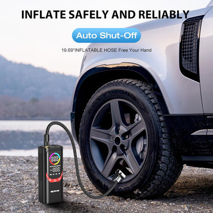 NEXPOW NP17 Portable Air Compressor, 150 PSI Digital Tire Inflator, Fast Inflation with Auto Shut-Off, LED Light, Multiple Nozzles for Car, Bike, and Ball, Compact Design, Red