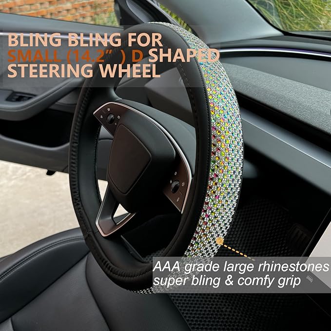 PINCTROT Bling Comfy Steering Wheel Cover for Tesla Model Y/3 Highland/Juniper, D Shaped 14 Inch Small Sized with Jumbo Crystal Rhinestones, Flat Bottom with Anti-Slip Diamond Leather (Colorful)