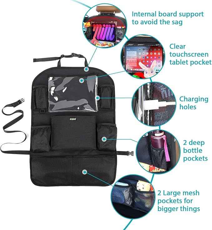 PIDO Car Seat Protector for Child Car Seat, Seat Back Organizer with Touch Screen Tablet Holder and 8 Pockets, Car Travel Accessories