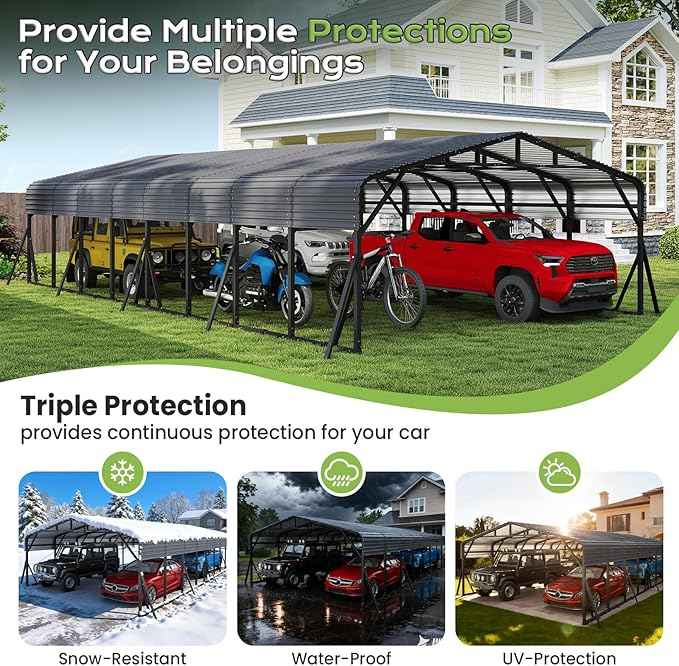 20x40FT Heavy Duty Metal Carport, Outdoor Portable Car Garage w/Reinforced Support Rods & Windproof Ground Anchors, All-Season Versatile Outdoor Shelter for Car, Boats, Truck