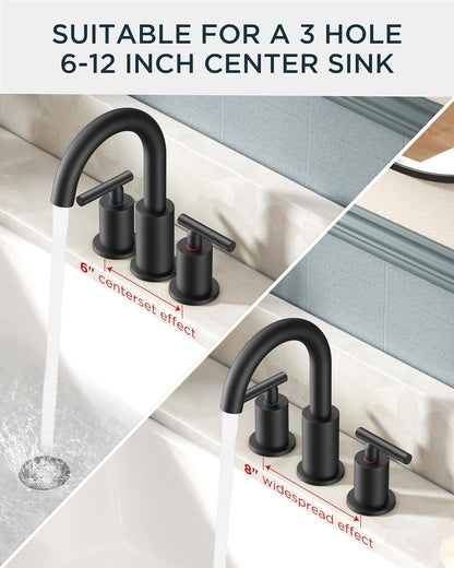 FORIOUS Bathroom Faucets 3 Hole, Matte Black Bathroom Sink Faucet 3 Hole Vanity with 360° Swivel Spout, Suitable for 8 Inch Widespread Sink with Metal Pop-up Drain and cUPC Supply Line, Commercial