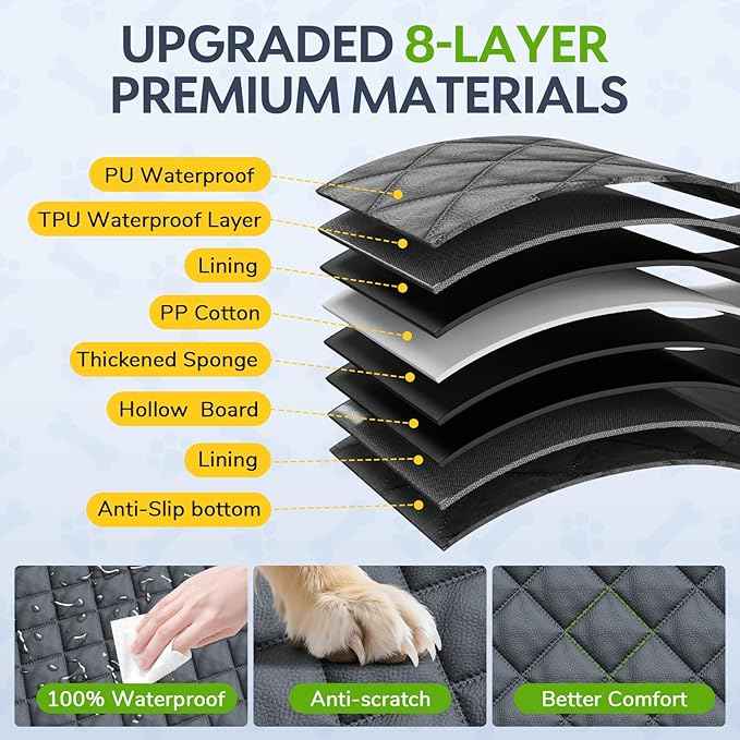Large PU Dog Car Seat - Waterproof Dog Back Seat Cover with 3 Mesh Windows - Hard Bottom Extender, Safety Belt, Non-Slip Hammock for SUV, Truck, Car