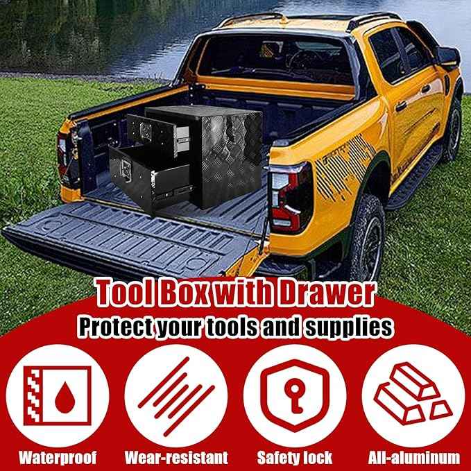 Underbody Truck Tool Box 24"x 18"x 20" Heavy Duty Double-Layer Aluminum Truck Bed Toolbox with Double-Layer Drawer Tools Storage Organizer with Lock and Keys Suitable for Truck Bed Pickup RV Trailer