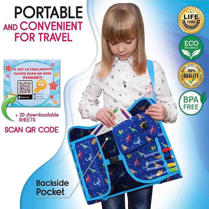 Kids Travel Tray - Waterproof Car Table with No-Drop Large Tablet Holder - Car Seat Tray - Road Trip Must Haves - Lap Desk Kids Organizer for Airplane - Toddler Travel Activities (Blue)