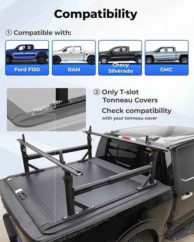 Extendable Aluminum Truck Ladder Rack Fit for Ford F150, RAM, Chevy Silverado, Works with T-Slot Tonneau Covers, 800 lbs Capacity Pickup Bed Rack for Kayak, Surfboard, Ladder Transport