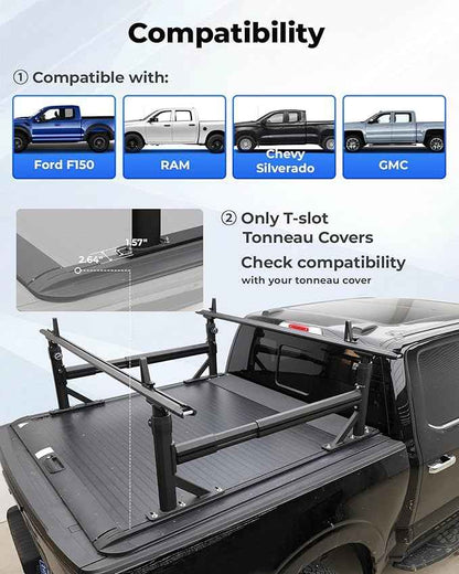 Extendable Aluminum Truck Ladder Rack Fit for Ford F150, RAM, Chevy Silverado, Works with T-Slot Tonneau Covers, 800 lbs Capacity Pickup Bed Rack for Kayak, Surfboard, Ladder Transport