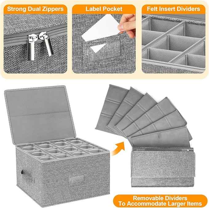 Wine Glass Storage Box 2-Pack, Stemware Container Cases, Stackable w/Hard Shell Top Sides Bottom, Moving Supplies, China Storage Containers for 24 Crystal Glasses Drinkware 9.2'' Tall, Grey