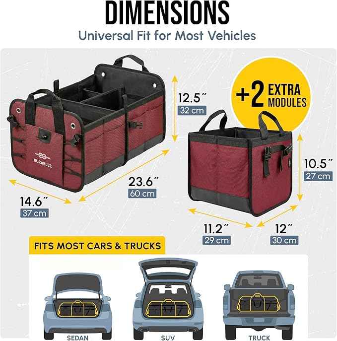 4-Section Trunk Organizer for SUV, Truck, Van, Sedan – Modular Extra Large Cargo Bin, Detachable Car Trunk Storage with Dividers, Collapsible Auto Organization System – Cherry
