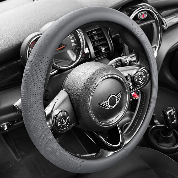 PINCTROT Nappa Leather Steering Wheel Cover, Slim Fit No Bulk Design, One Piece Leather with Breathable Perforation, Fit Like Gloves, Universal 14.5-15 Inch(Nappa Dark Gray)