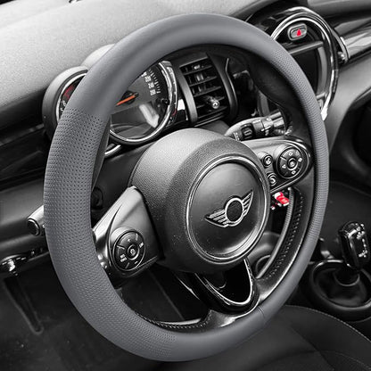 PINCTROT Nappa Leather Steering Wheel Cover, Slim Fit No Bulk Design, One Piece Leather with Breathable Perforation, Fit Like Gloves, Universal 14.5-15 Inch(Nappa Dark Gray)