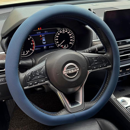 PINCTROT D Shaped Nappa Leather Steering Wheel Cover, Slim Fit No Bulk Design, One Piece Leather with Breathable Perforation, Fit Like Gloves, Flat Bottom 14.5-15 Inch(Nappa Smoky Blue)