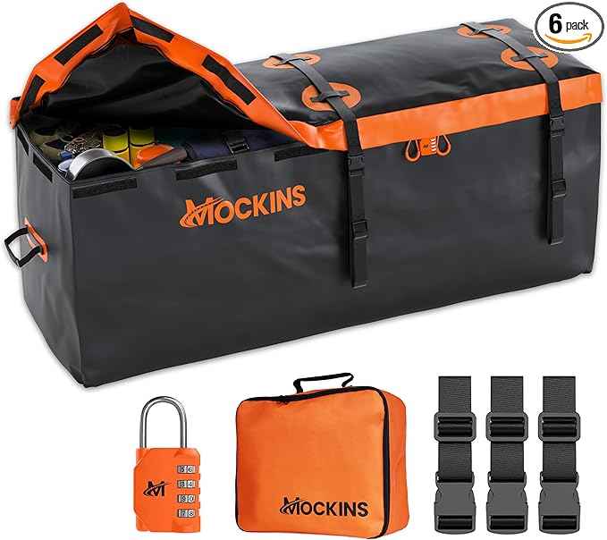 Mockins 16 Cu.Ft. Trailer Hitch Cargo Carrier Bag | 58"x20"x24" Abrasion-Resistant Vinyl Cargo Bag for Hitch Carrier | Waterproof Truck Bed Storage Set w/Buckle Straps, Combination Lock & Carry Case