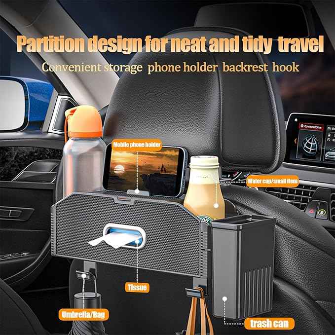 Back Seat Car Organizer,4 in 1 Multifunctional Car Back Seat Storage Box with Trash Can Drink Cup Holder Tissue Box, for Hold Phone,Snacks, Drinks, Handbag-Grid