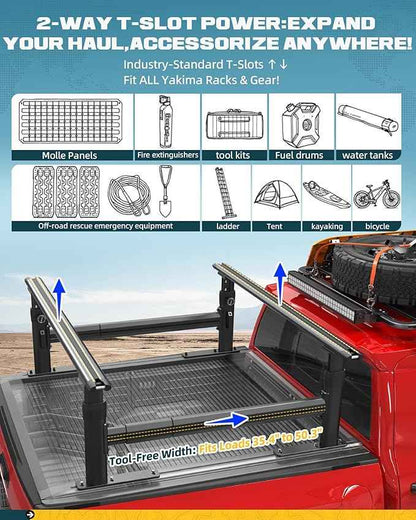 Ladder Rack for Truck with Tonneau Cover w/T-Slot Rails, 800 LBS Capacity Truck Bed Rack with Side Bars, 19"-25" Height-Adjustable Aluminum Ladder Racks, Fit for Mid Size Pickup Tacoma Gladiator