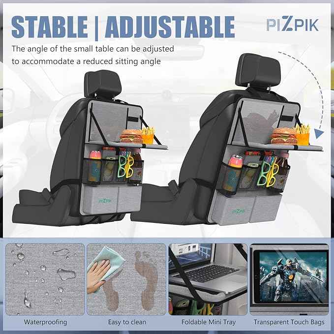Car Backseat Organizer with Tablet Holder,11 Storage Pockets with Foldable Food Tray, Protector Kick Mats for Kids, Travel Accessories Organizer (Gray, 2Pack with Food Tray)