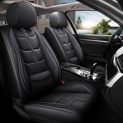 Amooca Car Seat Covers Full Set Automotive Seat Protection Fit for Most Cars SUVs Front & Back Seats Waterproof Nappa Leather Car Seat Cushion Protector Black