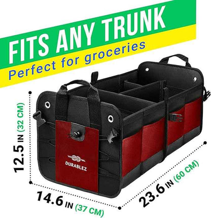 2-Section Foldable Trunk Organizer – Compact Car Storage for Groceries, Kids Items, Travel Gear – Dual-Compartment Cargo Bin with Cover Net – Red