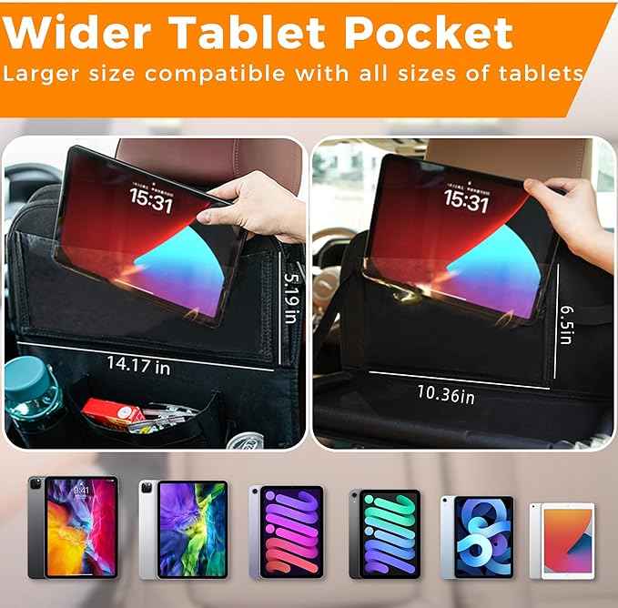 Backseat Car Organizer with Tray, 9 Storage Pockets Back Seat Protector with Foldable Tablet Holder, Waterproof Back of Seat Kick Mats for Kids Adult, Road Trip Essentials Travel 2 Pack, Black