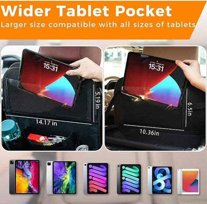 Backseat Car Organizer with Tray, 9 Storage Pockets Back Seat Protector with Foldable Tablet Holder, Waterproof Back of Seat Kick Mats for Kids Adult, Road Trip Essentials Travel 2 Pack, Black
