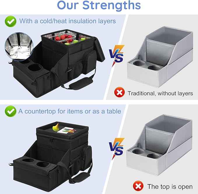 Car Organizer for Front Seat Organizer and Storage, Collapsible Car Caddy, Passenger Seat Organizer with Partitions & Cup Holders, Car Organization for kids and Adults (Black)