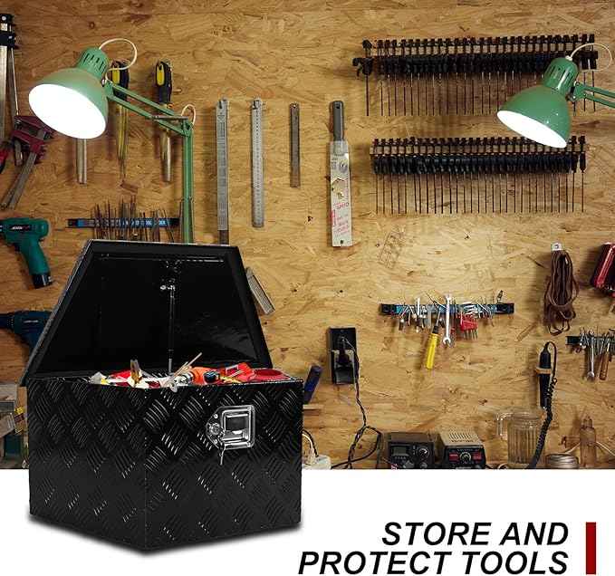 confote 26 Inch Heavy Duty Aluminum Stripes Plated Tool Box Pick Up Truck Bed RV Trailer Tongue Toolbox Waterproof Storage Organizer with Lock and Keys - 26 X 11.8 X 12 inch,Black