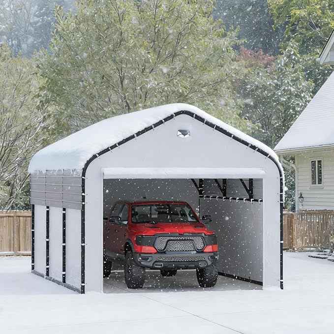 10x16 Metal Carport, Heavy Duty 2-Car Carport Canopy, CarPorts with Removable Polyethylene Sidewalls, Galvanized Steel Roof Car Tent Garage