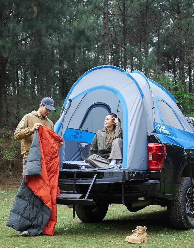 JOYTUTUS Truck Tent, Portable Truck Bed Tent for 5.5'-5.8' with Rainfly, Truck Tent with Fiberglass Pole, Waterproof PU2000mm Double Layer for 2 Person - Blue