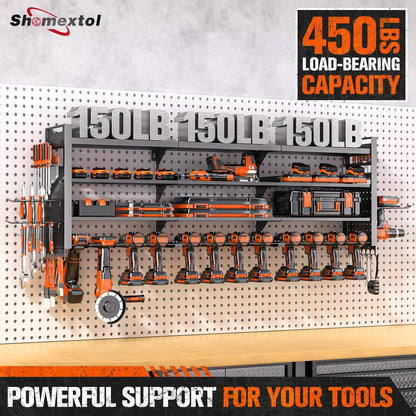 49.8" W Large Power Tool Organizer Wall Mount, Heavy Duty Tool Organizer with 14 cordless Drill Holder, 4 Layers Garage Organization and Storage Rack, Tool Rack for Garage Workshop, Black