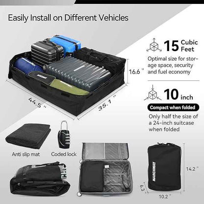 MARCHWAY Waterproof Car Roof Luggage Bag, Weatherproof Soft Shell Rooftop Cargo Carrier Bag for Vehicles with or Without Rack. 6 Door Hooks, Anti Slip Mat, Lock Included (15 Cubic Feet, Black)