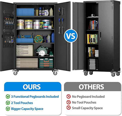 Aobabo Upgraded Wide & Deep Garage Storage Cabinet with Wheels, Metal Storage Cabinet with Door Pegboards and 2 Rod for Garage Home Storage (Black, 43.3''W x 21.9''D x 72''H),Required Assembly