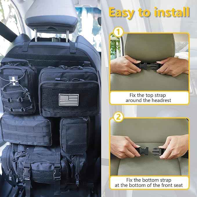 Universal Tactical Car Seat Back Organizer Bag Tactical Molle Vehicle Organizers Panel Vehicle Protector Organizers with 5 Detachable Pouches for Car Truck Ford Jeep (Upgraded C model Black)
