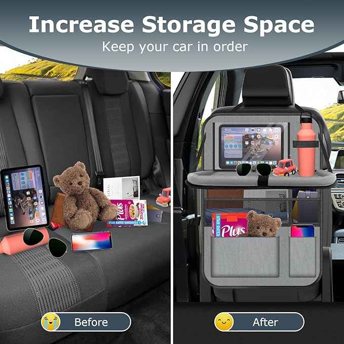 Car Backseat Organizer with table Tray, 9 Storage Pockets Backseat Car Organizer with Tablet Holder, Back seat Organizer for Kids Road Trip Essentials Travel (1Pack)