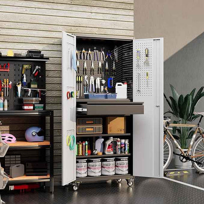 Aobabo Garage Storage Cabinet with Wheels, Metal Storage Cabinet with 1 Drawer for Home,Garage,Assembly Required,Black&Grey