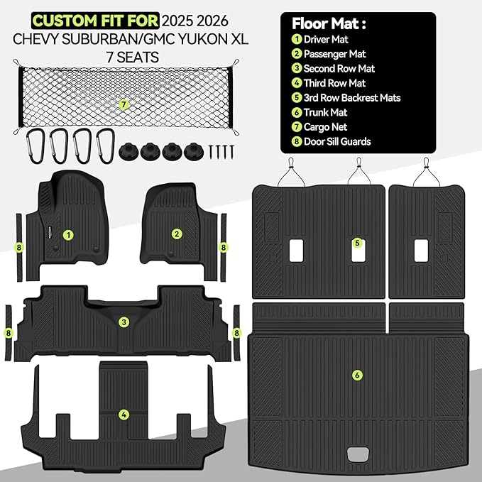 Tongama-Floor Mats for 2025 2026 Chevy Suburban/GMC Yukon XL 7 Seats with Bucket Seat, All Weather TPE Trunk Mat & 3rd Row Backrest Mats & Cargo Net & Door Sill Guards for Suburban Accessories