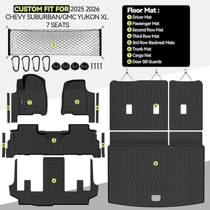 Tongama-Floor Mats for 2025 2026 Chevy Suburban/GMC Yukon XL 7 Seats with Bucket Seat, All Weather TPE Trunk Mat & 3rd Row Backrest Mats & Cargo Net & Door Sill Guards for Suburban Accessories