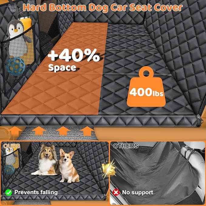 URPOWER Backseat Extender for Dogs - Hard Bottom Dog Car Seat Cover for Back Seat, Dog Hammock for Car and SUV, Pet Rear Seat Protector Dogs Travel Bed with Mesh Window & Side Flaps