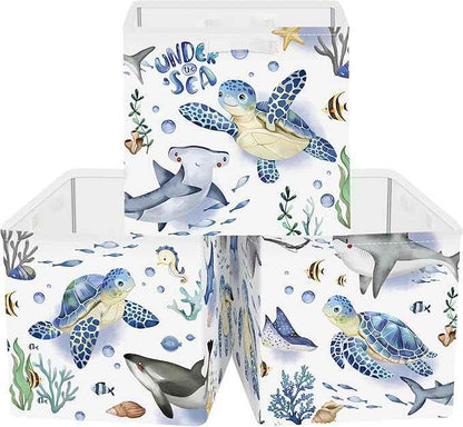 Clastyle 3 pcs Ocean Animals Cube Storage Unit Bin with Metal Frame Foldable Kallax Box for Shelves Parents Closet Organizer Basket for Book Clothes Toy Organizer, Turtle, 11.8x11.8x11.8 in