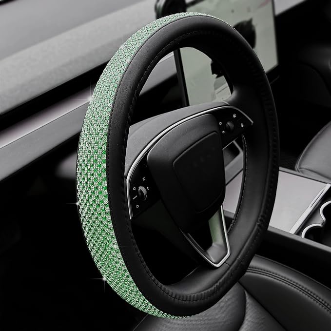 PINCTROT Bling Comfy Steering Wheel Cover for Tesla Model Y/3 Highland/Juniper, D Shaped 14 Inch Small Sized with Jumbo Crystal Rhinestones, Flat Bottom with Anti-Slip Diamond Leather (Vivid Green)
